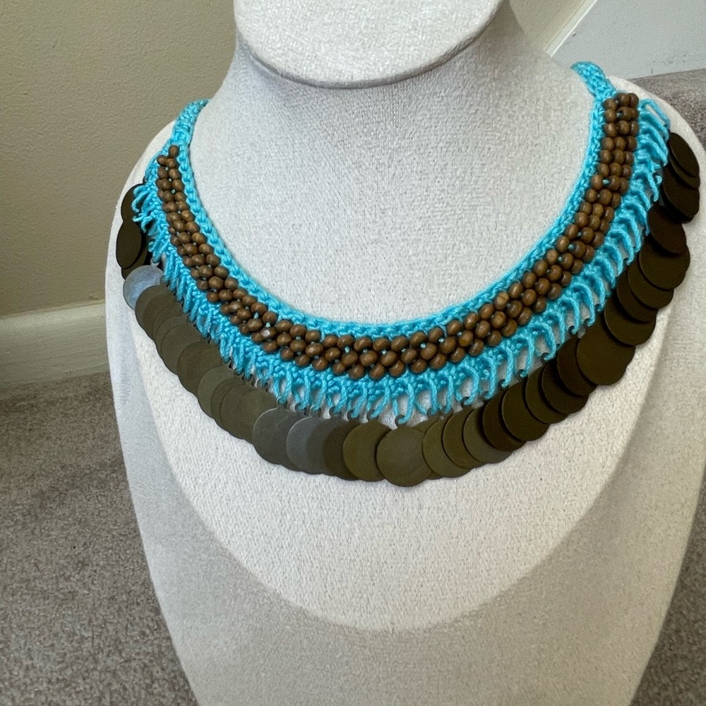 Needle Lace Necklace with Wood Beads and Sequins, Ethnic Necklace